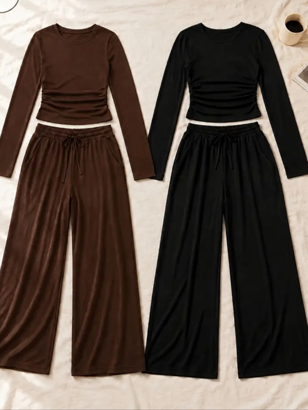 2pcs Set Shirts And Wide-Leg Drawstring Lounge Pants — Brown & Black